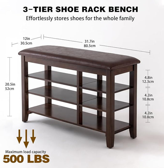 PY HOME & SPORTS Shoe Rack for Entryway 31.5": 3-Tier Shoe Storage Bench,Adjustable/Removable Shelves, Rubberwood Shoe Benches for Hallway, Porch, Bathroom, Brown