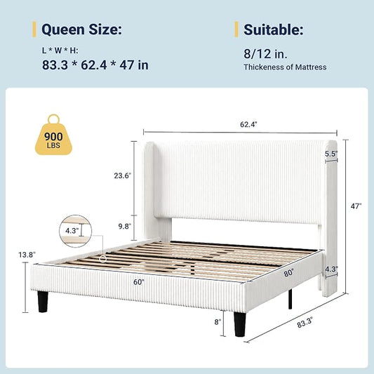 Allewie Queen Size Bed Frame with Upholstered Wingback Headboard, Vertical Channel Tufted Corduroy Velvet Platform Bed, Strong Wooden Slats Support, No Box Spring Needed, Easy Assembly, Sturdy, White