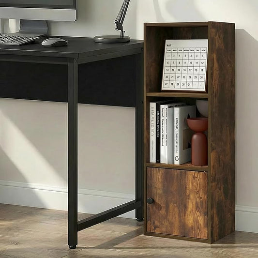 Furinno LUDER Book Shelf, 3-Tier Bookshelf with Open Shelf, Standing Bookcase with 1 Door Cabinet, 9.3 x 12 x 31.5, for Organization and Storage, for Living Room, Bedroom, Home Office, Amber Pine