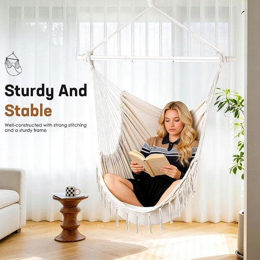 Hammock Chair Hanging Chair Heavy Duty 500 Lbs, Hanging Hammock Chair with Steel Spreader Bar & Adjustable Straps, Indoor Outdoor Hammock Swing for Bedroom Patio Porch Balcony Backyard Camping-Beige