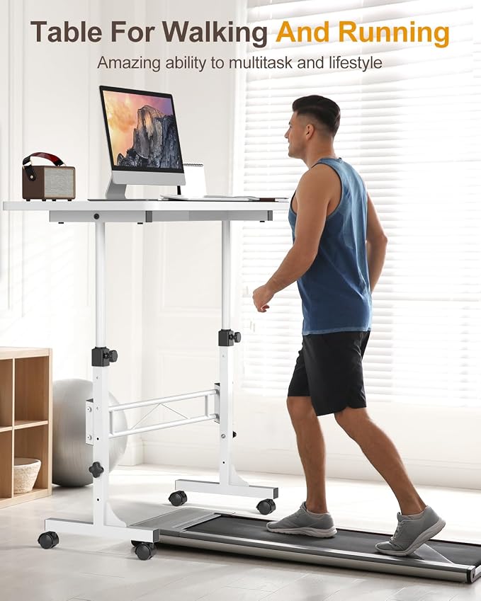 Amztabler Small Standing Desk Adjustable Height, Mobile Stand Up Desk with Wheels, 32 Inch Portable Rolling Desks Conference Room Tables for Walking Pad Treadmill White