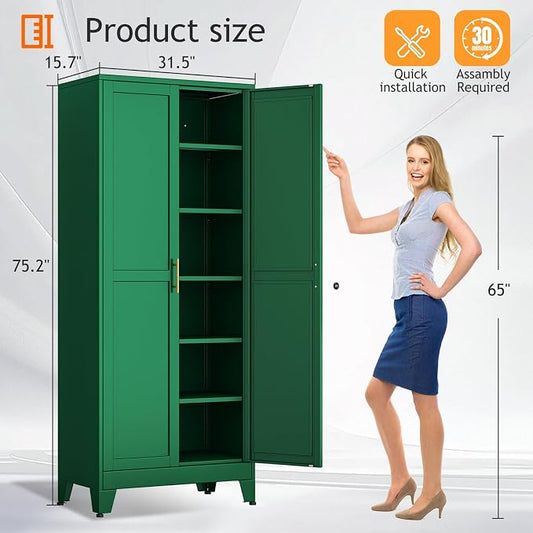 PAOFIN Kitchen Pantry Storage Cabinet with Doors and Adjustable Shelves, Metal ClosetMaid Food Pantry Cabinets, 75" Tall Freestanding Cupboard for Kitchen, Laundry or Utility Room, Green