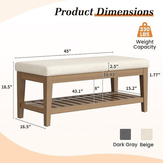 Apicizon 45" Shoe Rack Bench with Cushion, Solid Rubberwood Entryway Bench with Shoe Storage, Modern Chenille Upholstered Shoe Storage Bench for Hallway Bedroom Living Room Front Door Entrance, Beige