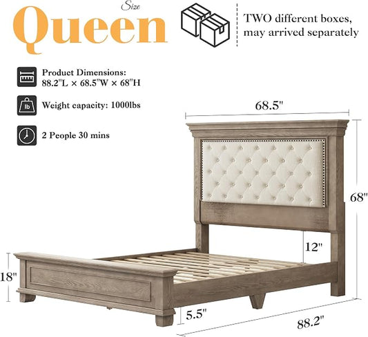 LUXOAK Solid Pine Wood Queen Bed Frame with 69" High Upholstered Headboard, Transitional Style Platform Bed, No Box Spring Needed & Easy Assembly, Button-Tufted Chenille Fabric, Antique Taupe