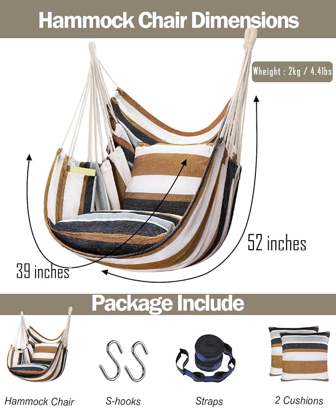 Halalona Hammock Chair Hanging Hammock Chair Rope Swing 2 Cushions Included-Sturdy & Durable Soft Cotton Hand Woven Hammock Swing for Bedroom, Porch, Patio-Indoor/Outdoor