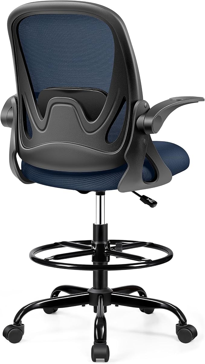 Drafting Chair Tall Office Chair with Flip-up Armrests, Adjustable Height, Enhanced Lumbar Support Ergonomic Rolling Stool, Back Support, Adjustable Foot Rest Ring for Standing Desk Navy