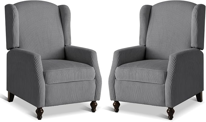 Upholstered Wingback Recliner Chair, Cozy Corduroy Manual Push Back Recliner for Living Room, Bedroom (2, Gray)