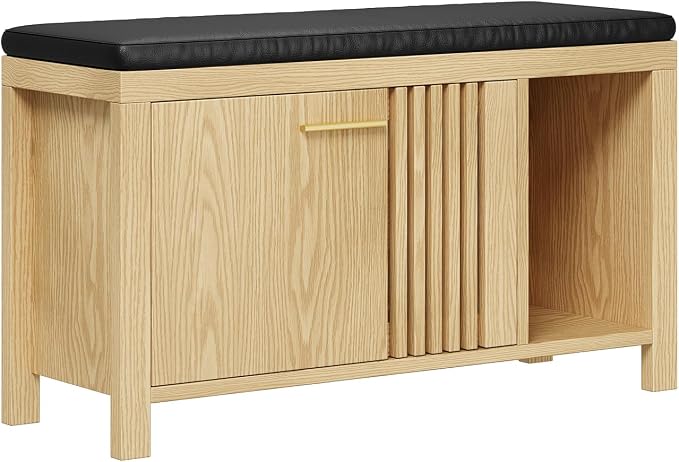 UNIQUITE 40" Shoe Storage Bench with Flip Drawers & Padded Seat Cushion, Open Compartments & Slatted Doors, Entryway Bench with Shoe Storage for Entryway, Hallway, Living Room, Bedroom, Natural
