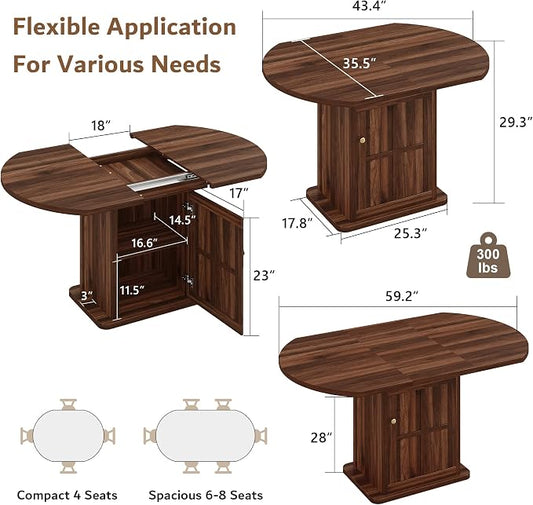 iPormis Round Dining Table for 4-6, 59'' Extendable Dining Room Kitchen Table with 2-Tier Storage Shelf, Wood Dinner Table with Door, Sturdy Pedestal Base, Space Saving, Kitchen, Dining, Walnut