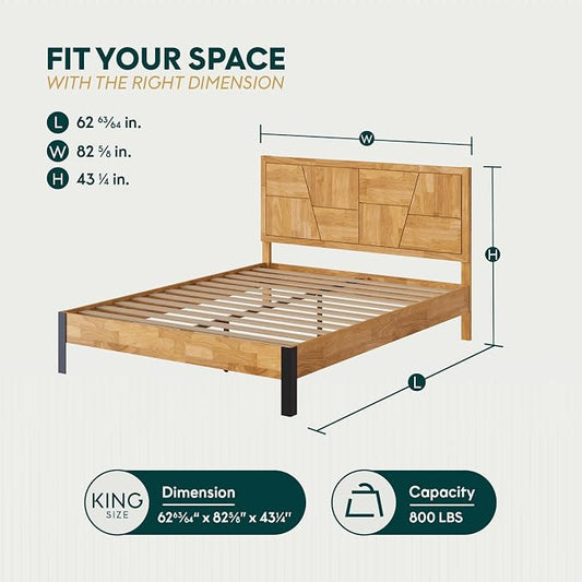 Bme Trapeze Queen Bed Frame – Modern Solid Wood Bed with Smooth Pattern Headboard, Black Metal Legs, Light Natural Finish – Durable Queen Size Platform Bed for Contemporary Bedrooms