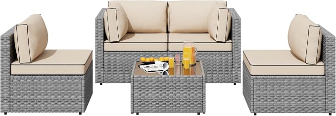 SUNLEI 5pcs Patio Outdoor Furniture Sets Conversation Set,Low Back All-Weather Rattan Sectional Sofa with Tea Table&Washable Couch Cushions(Silver Rattan)(Khaki)