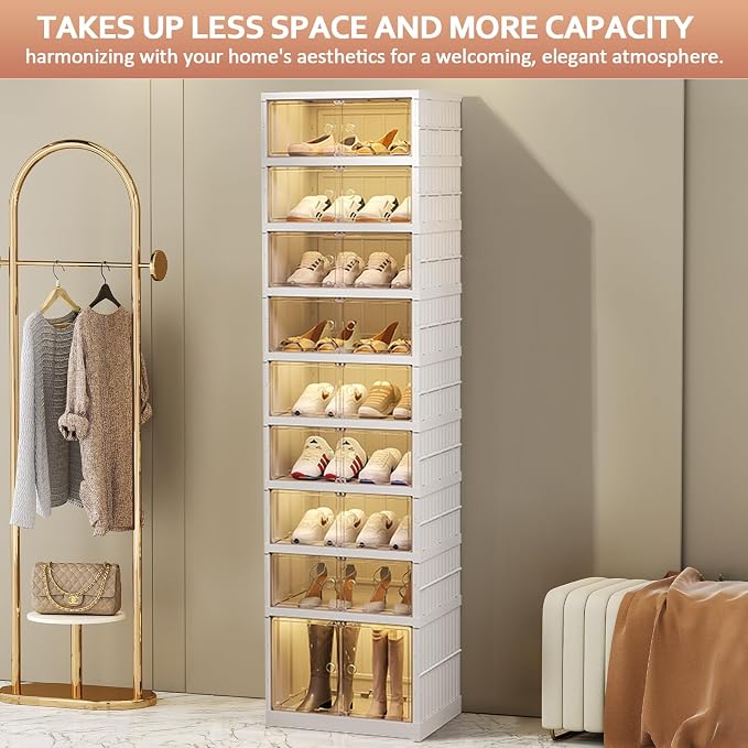 SYNCVIBE Shoe Rack Organizer for Closet Entryway 9 Tiers-18 Pairs Foldable Sneaker Storage Shoe, Collapsible Shoe Cabinet with Doors, Stackable Shoe Storage Cabinet with Lids for Living Room