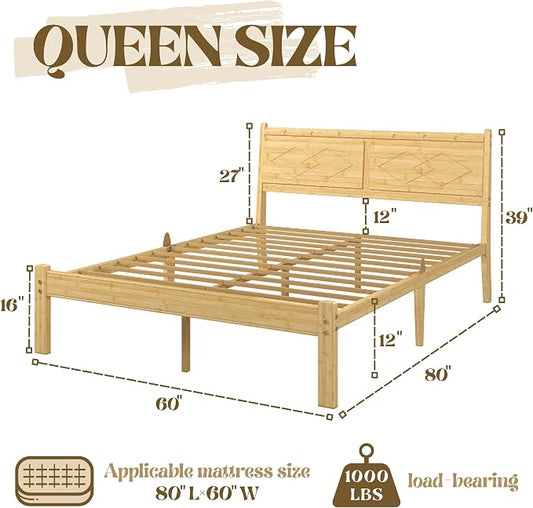Askeld 12 inch Bamboo Queen Bed Frame with Headboard, Light Cottagecore Solid Wood Platform Bed No Box Spring Needed, Easy Assembly, Noise Free