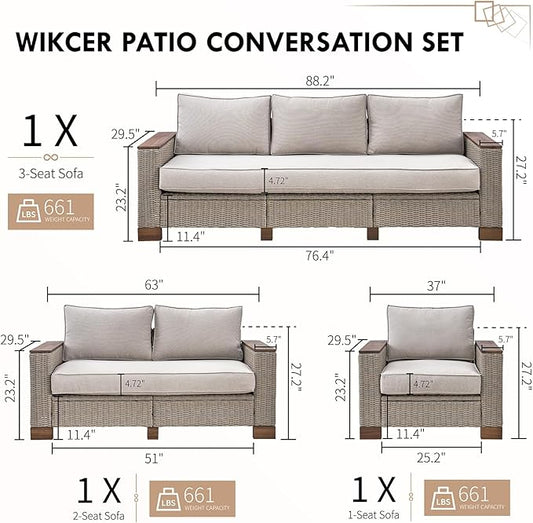PaPaJet 6-Piece Wicker Patio Furniture Set with Solid Wood Armrest, Outdoor Patio Set with Thick Legs, UV-Resistant Modular Outdoor Sectional Sofa for Backyard, Porch, Garden