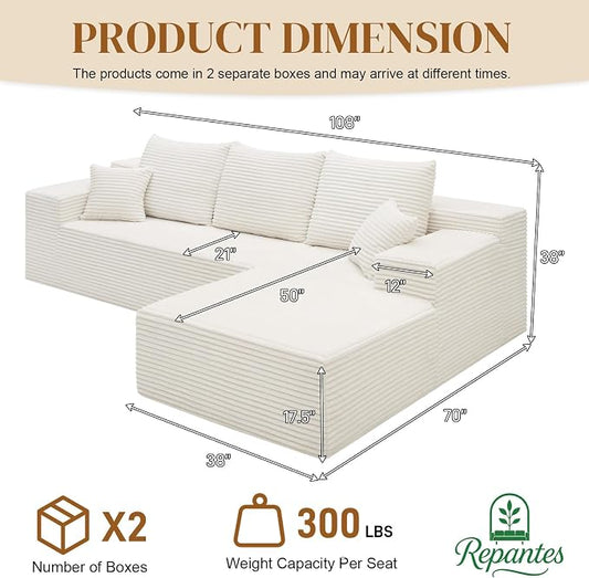 108" L Shaped Boneless Sectional Couches for Living Room, Comfy Corduroy Floor Cloud Sofa with Chaise, Wide Armrest, Deep Seat, Memory Foam, Assembly Free, Ideal for Small Spaces, White