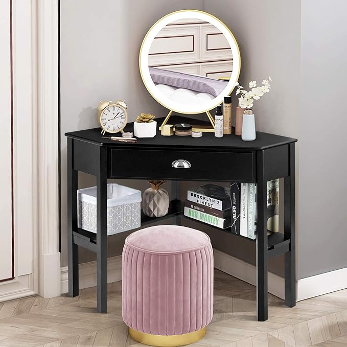 LDAILY Corner Desk, Triangle Corner Computer Desk for Small Space, Compact Writing Desk with Storage Shelves & Drawer, Space Saving Small Makeup Vanity Desk for Bedroom, Home Office, Black