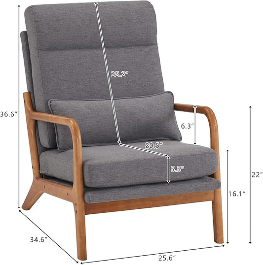 Karl home Accent Chair High Back Mid-Century Modern, Gray | Linen Fabric Upholstered, Walnut Color Solid Rubber Wood Frame, Soft Cushion with Pillow, For Living Room, Bedroom, Balcony