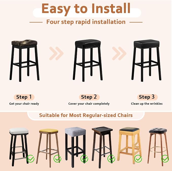 PU Leather Bar Stool Covers Rectangular, 100% Waterproof Stool Covers Rectangle Super Stretch 20% Thicker Leather Saddle Stools Cover Rectangular Counter Bar Stools with Elastic Band (6 PCS, Black)