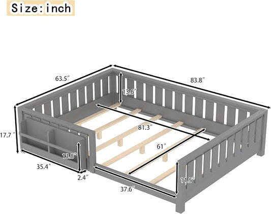 Bellemave Gray Natural Montessori Floor Bed with Fence and Slats, Queen Size Montessori Floor Bed with Bookcase and High Rails, Easy Assemble Bed Frame for Girls, Boys, Queen