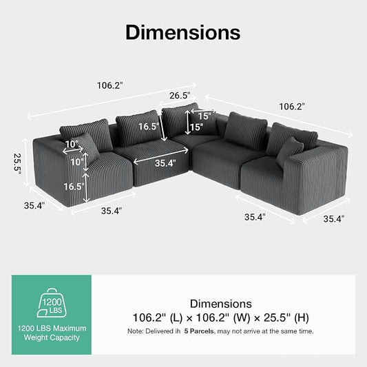 Novilla 106" Modular Sectional Sofa, Modern Cloud Sectional Couch with Smarts Coil® Support, L-Shape Boneless Couch for Living Room Apartments Bedroom, No Assembly Required, Dark Gray (5 Seat)