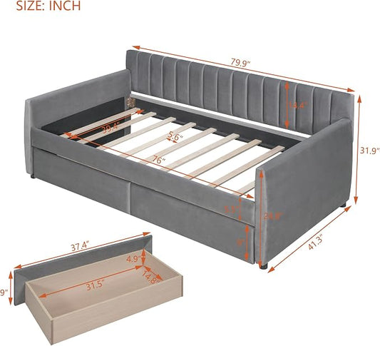 Merax Upholstered Daybed with 2 Drawers, Twin Size Bed Frame with Storage and Wood Slat Support, Gray
