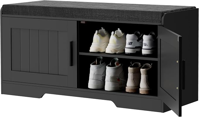 Homleke 2-Tier Storage Bench, Shoe Bench with Thickened Padded Seat Cushion, Entryway Bench with 2 Doors, Adjustable Shelf, 13.8" D x 37.4" W x 18.5" H, for Entryway, Living Room, Bedroom, Black