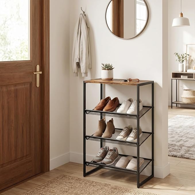Shoe Rack for Entryway,4 Tier Shoe Shelf,Sturdy Shoe Storage Organizer,Boot Rack with a Fine Mesh Shelves,for Living Room, Hallway,Small Space,11.8 x 16.5 x 27.9 Inches,Brown