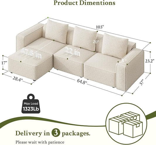 Welzona 103" Modular Sectional Sofa, Minimalist Comfy Cloud Couch Sectional, Tool-Free Setup Couches for Living Room, Wood Frame l Shaped Couch with Ottoman, 22" Deep Seat Chenille Cloud Sofa