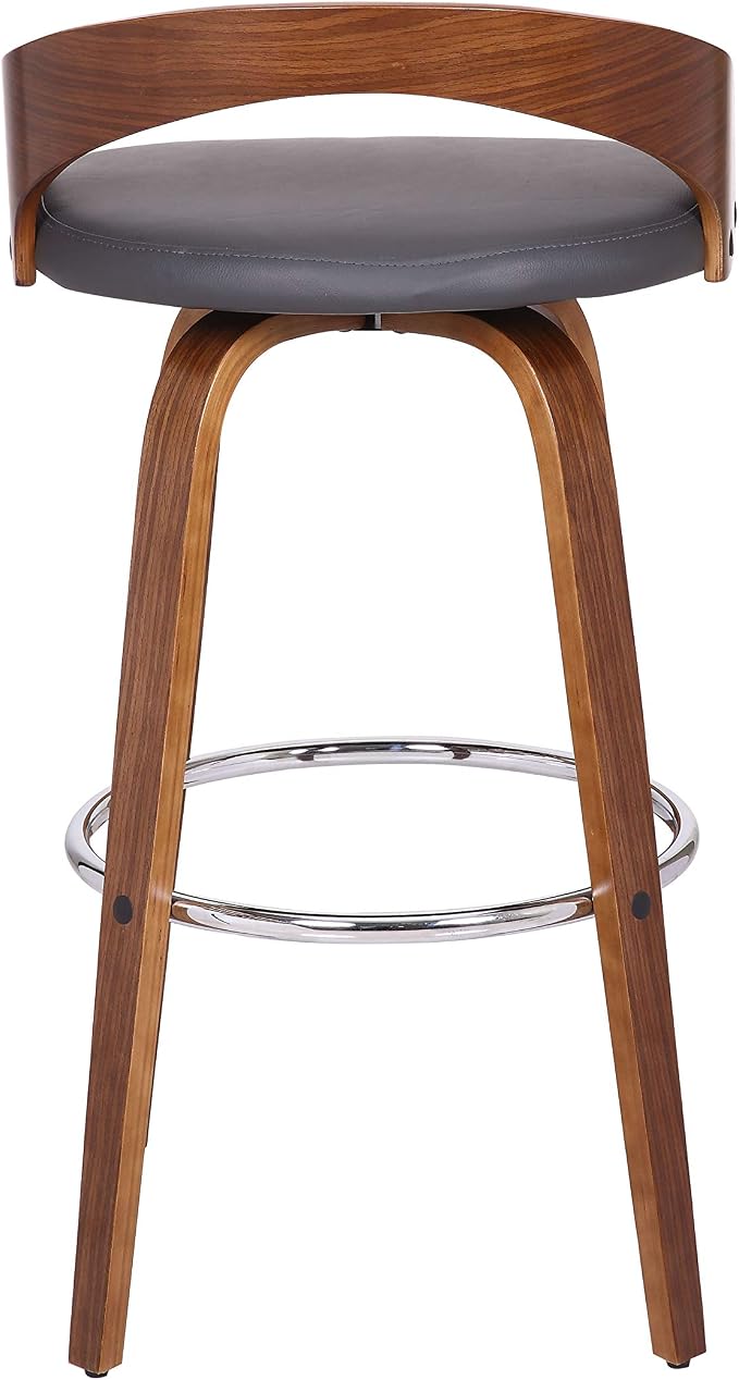 Armen Living Sonia 30" Bar Height Swivel Gray Faux Leather and Walnut Wood Bar Stool