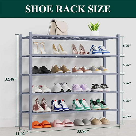 Smiry Long Bamboo Shoe Rack, 5 Tier Free Standing Wooden Shoe Organizer, Stackable Wood Shoe Storage Shelf for Closet, Entryway, 14 Vertical Slats, 2+2+1 Stack Thicker Legs, 33.7"x11"x32.5", Grey