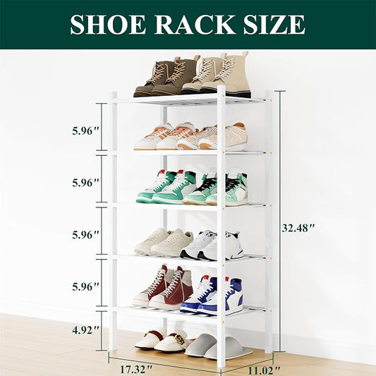 Smiry Small Bamboo Shoe Rack, 5 Tier Free Standing Wooden Shoe Organizer, Stackable Wood Shoe Storage Shelf for Closet, Entryway, 12 Vertical Slats, 2+2+1 Stack Standard Legs, 17.3"x11"x32.5", White