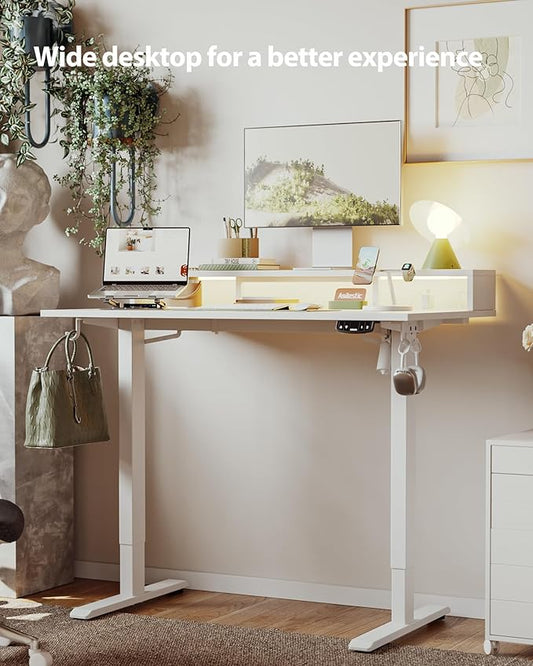 Agilestic 48x24 Inch Electric Standing Desk with Shelf, Height Adjustable Desk with Power Outlets & LED, Sit Stand Up Table with Monitor Stand, Computer Workstation, White