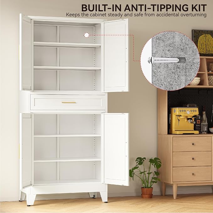 COFaR 71" Tall Pantry Cabinet with Drawer, White Storage Cabinet with Adjustable Shelves, 3-Section Freestanding Cupboard for Kitchen Organization