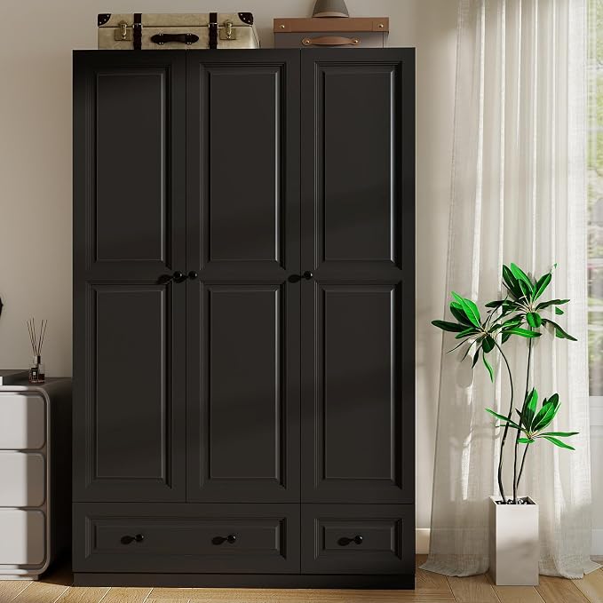 Armoire Wardrobe Closet with Drawers: 74" Black Tall Wardrobe Cabinet with Hanging Rod, Wooden Closet with 3 Doors and 2 Drawers, Modern Bedroom Armoires