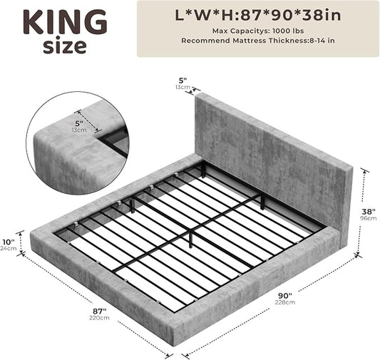 RECCI AirFrame King Size Bed Frame with Headboard, Cloud Upholstered Platform Bed Frame, 5 Inch Foam Cushioned, No Box Spring, Easy Assembly(Moon Grey)