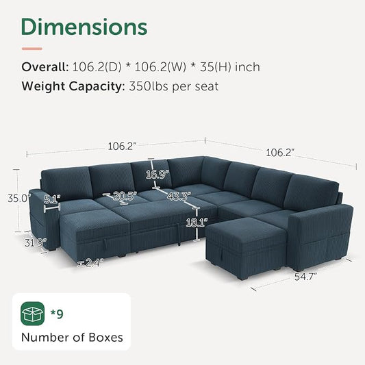 HONBAY Modular Sectional Sleeper Sofa with Pull Out Couch, Corduroy Oversized Sectional Couches Pull Out Bed with U Shaped Sleeper Storage for Living Room - Blue