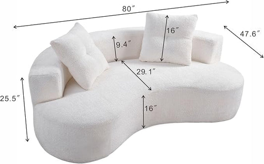 KEIKI 80" Boucle Curved Modular Boneless Sofa with 2 Pillows, Upholstered Modern Style 3-Seater Couch with High Resilience Cushion, No Assembly Required, for Apartment, Living Room, Office, White