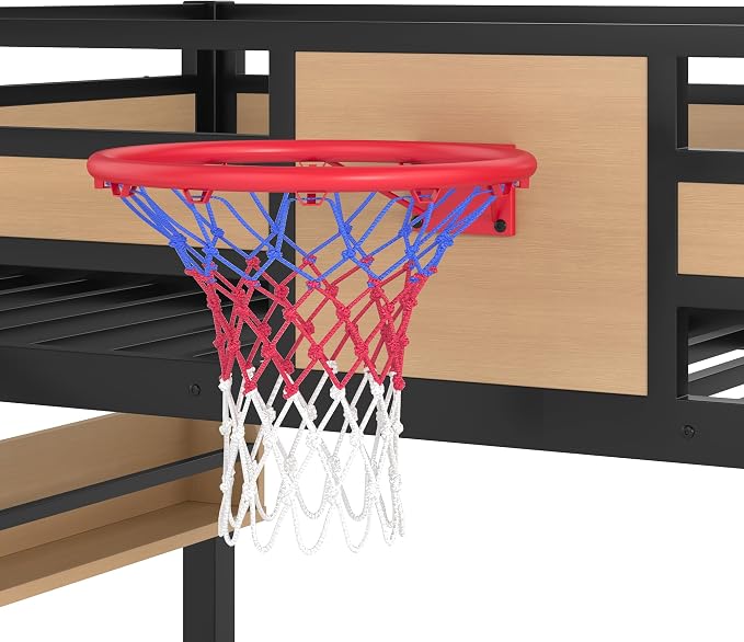 Harper & Bright Designs Full Size Metal Bunk Bed with Slide & Built-in Bookshelve & Basketball Hoop & Climbing Wall for Bedroom, Yellow+Black