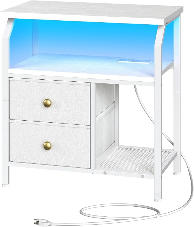 HOOBRO 23 inch Wide Nightstand with Charging Station and LED Light, Night Stand with 2 Fabric Drawers, Bedside Table, Dresser with Open Storage Shelf, End Side Table for Bedroom, White WT160UDBZ01