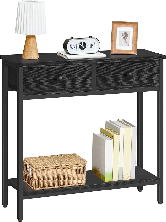 HOOBRO 29.5" Narrow Console Table with 2 Fabric Drawers, Small Entryway Table with 2-Tier Storage Shelves, Sofa Table, Behind Couch Table, for Living Room, Hallway, Black BB71XG01