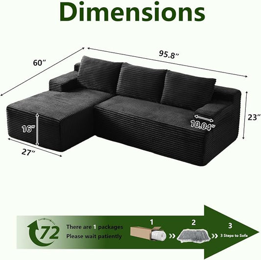 96" Modular Sectional Sofa, Modern Corduroy Cloud Couch with Side Pockets, Boneless Couch Upholstered 3-Seater L-Shaped Sofa for Living Room, No Assembly Required (Black, Left-Facing Chaise)
