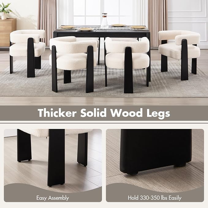 Hyfirm Modern Boho Dining Chairs Set of 2, White Boucle Upholstered Barrel Armchairs with Plush Teddy Fabric, Solid Black Wooden Legs, Mid-Century Accent Chairs for Dining Room, Living Room, Kitchen