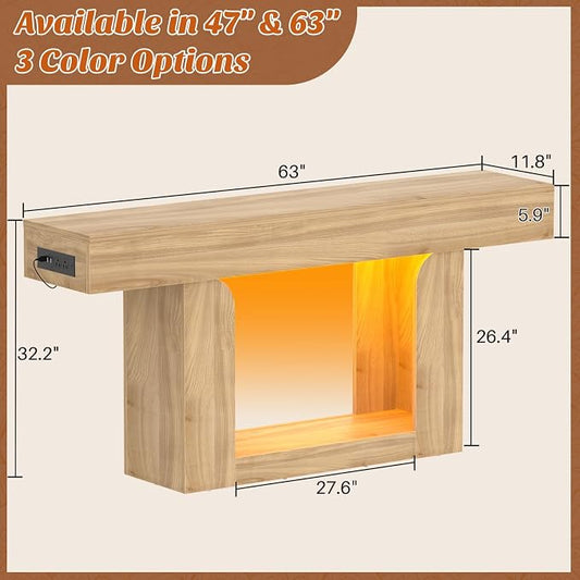 Homieasy Console Table, 63" Entryway Table with LED Lights & Charging Station, Farmhouse Wooden Sofa Table Behind Couch, Narrow Hallway Table for Living Room, Foyer, Entry, Natural Oak
