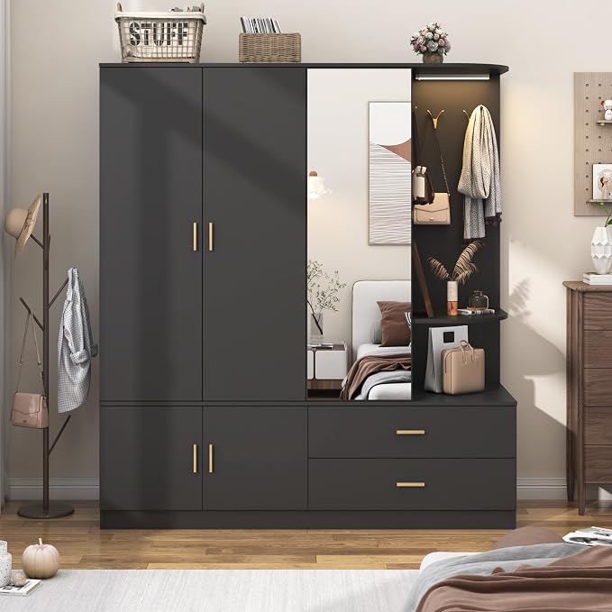 XVD Armoire Wardrobe Closet with Mirror & Sensor Light, Bedroom Armoire with 5 Doors & 2 Drawers, Modern Wooden Large Wardrobe Closet with Shelves, 4 Metal Hooks, 2 Hanging Roods, Open Space, Black