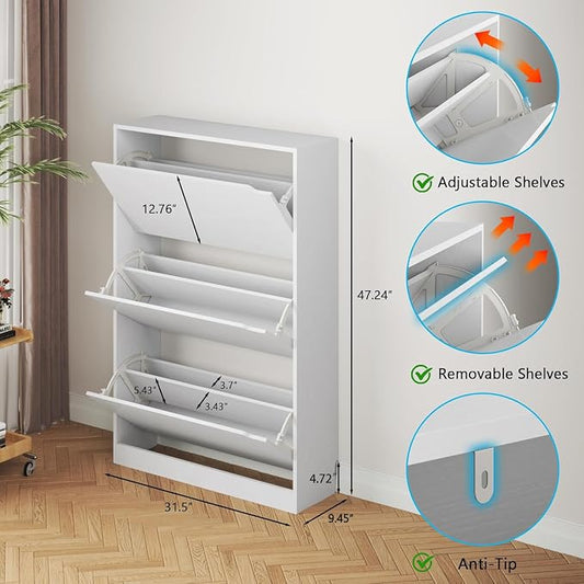 BORNOON Shoe Cabinet with 3 Flip Drawers, Hidden Wood Shoe Cabinet,Freestanding Shoe Storage Cabinet for Entryway Hallway.White. 47.2" H*31.5" W*9.45" D.