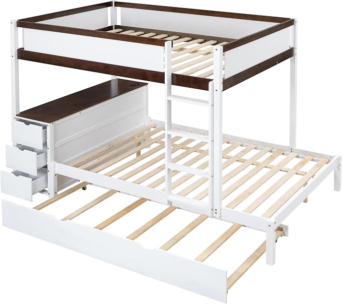 Ball & Cast Full-Over-Full Bunk Bed with Twin Size Trundle,Solid Wood Bedframe W/Desk & Drawers,USB,Space Saving,Easy Assembly,Multifunctional Bedroom Furniture Set for Boys Girls Teens,White+Walnut