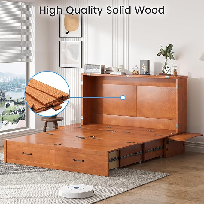 PUREMIND Queen Murphy Bed, Solid Wood Multi-Functional Cabinet Bed with Storage Drawer, USB Charging Ports and Folding Tray, Space Saving Hideaway Murphy Beds Cabinet for Guest Room, No Mattress