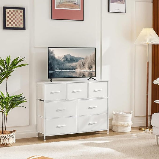 Sweetcrispy 7 Drawer Dresser Storage Organizer with Fabric Bins, White | Sturdy Steel Frame and Wood Top, Easy Pull Handles, for Bedroom Closet Hallway Entryway