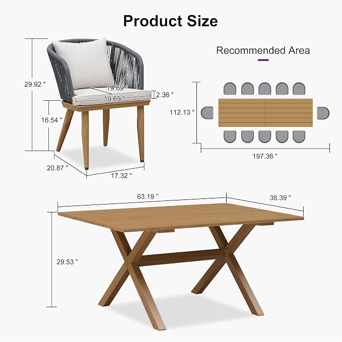 PURPLE LEAF 14 Pieces Patio Dining Set Wicker Outdoor Furniture Rectangular Table and Chairs Set for Garden Deck Teak-Finish & Grey Aluminum Frame Backyard Kitchen Set, Cushions and Pillows Included