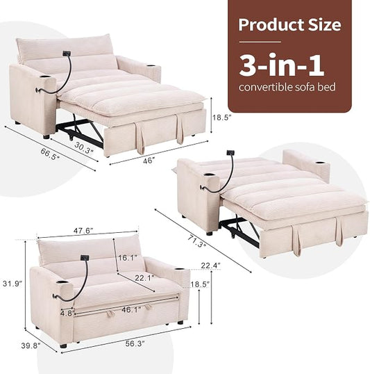 HAOMARKETS 3-in-1 Convertible Loveseat Sleeper Sofa Bed, 2-Seat Pull Out Couch with Cup Holders, Phone Holder and USB Ports, Corduroy 3-Level Adjustable Backrest Couches for Living Room, Beige